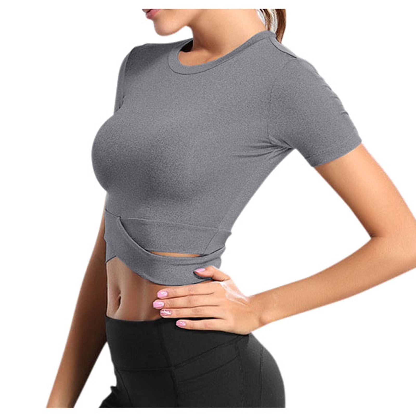 thumbnail image 4 of Blusas de manga corta holgadas para yoga, blusas informales transpirables con cuello redondo, 4 of 8